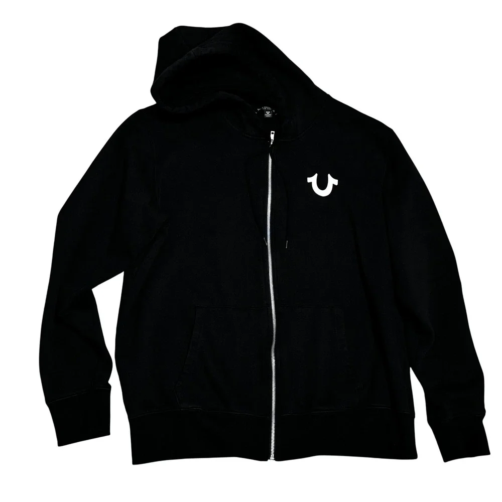 True Religion Zip Hoodie Mens XXXL Black Buddha Graphic Horseshoe Logo $129
